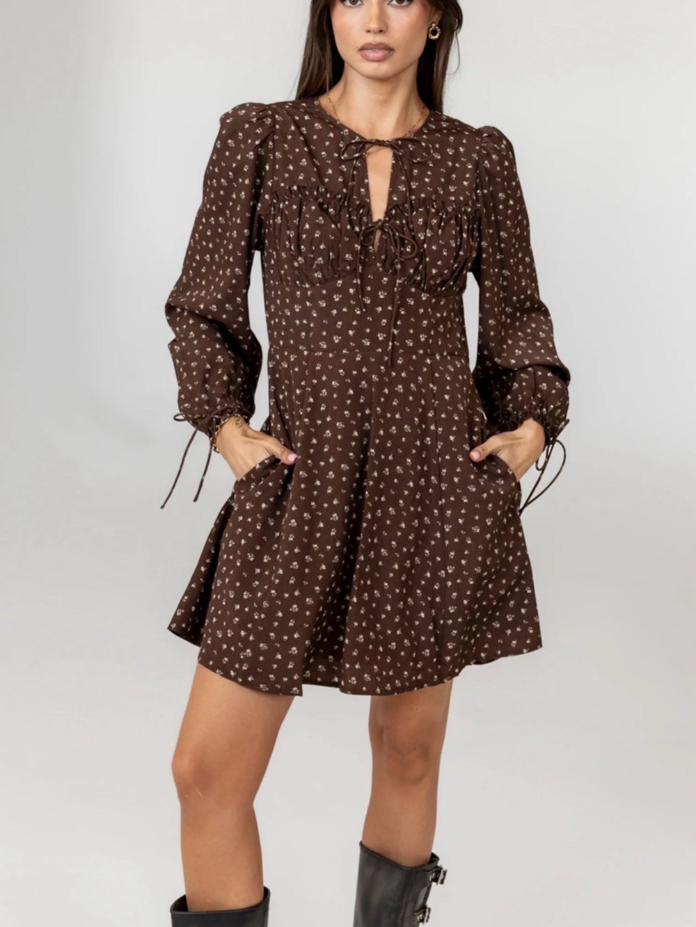 Bohme - Myles - Brown Floral Tie-Front Long Sleeve Mini Dress